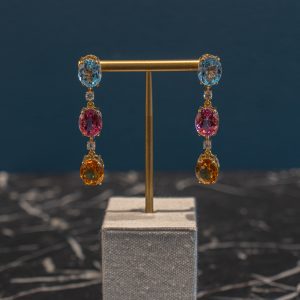 18 Carat Yellow Gold, Blue Topaz, Pink Topaz and Citrine Triple Drop Earrings