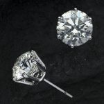 Close-up of luxury diamond earrings on textured black stone, showcasing elegance.